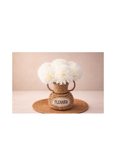 El Yapımı Vintage Tasarım Doğal Hasır Vazo,17 Cm,dekoratif Flower Yazılı Bohem Rattan Saksı,çiçeklik Bej