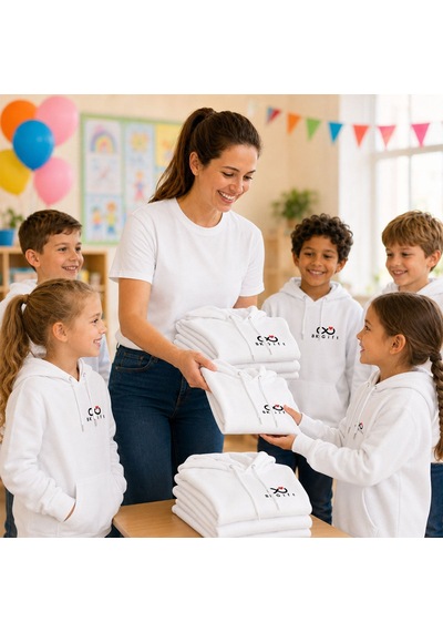 Bk Kurumsal Logonuza Özel 5 Adet Beyaz Cepli Kapşonlu Çocuk Sweatshirt - Kurumsal Okul Sweat 5-6 Yaş