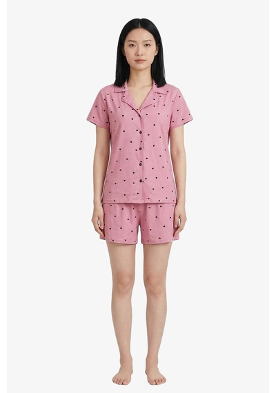 Cottonhill Pembe Kalp Desenli Yumuşak Dokulu Gömlek Yaka Kadın Şortlu Pijama Takımı Gül Pembe