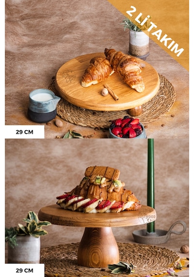 2 Li Risus&lucca Top Ayaklı 29 Cm Ve 29 Ahşap Pasta Sunum Tabağı