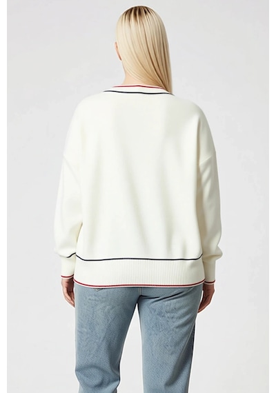 Frm Kadın Büyük Beden Moda Şık Regular V Yaka Uzun Kol Çizgili Çizgi Ekru
