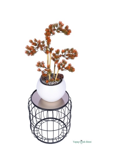 Yapay Çiçek Sitesi Beyaz Küre Saksıda Modern Minimal Tasarım Yapay Bonsai Ağacı Turuncu 65 Cm Turuncu