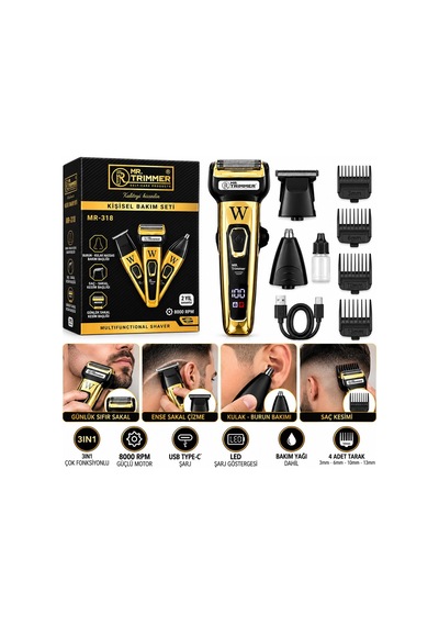 Mr.trimmer Mr-818 3'ü 1 Arada Tıraş Makinesi Seti Kulak Burun Başlıklı Usb Şarjlı