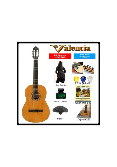 Valencia Vc204 4/4 Klasik Gitar + Kılıf + Pena + Akort Cihazı Mavi