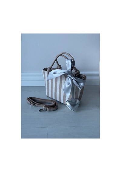 Nura Collection Vizon Çizgili Keten Kadın Kalp Charmlı El Ve Omuz Çantası Ekru - 925657084 Ekru