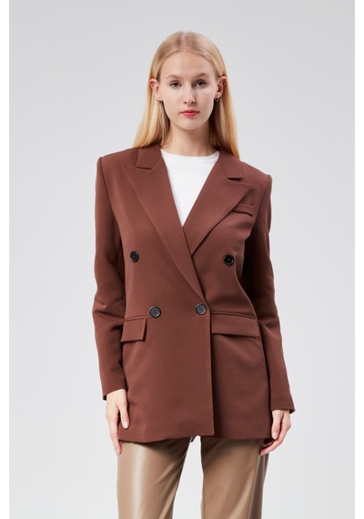 Kahverengi Regular Astarlı Kruvaze Kapama Dokuma Oversize Blazer Ceket 001