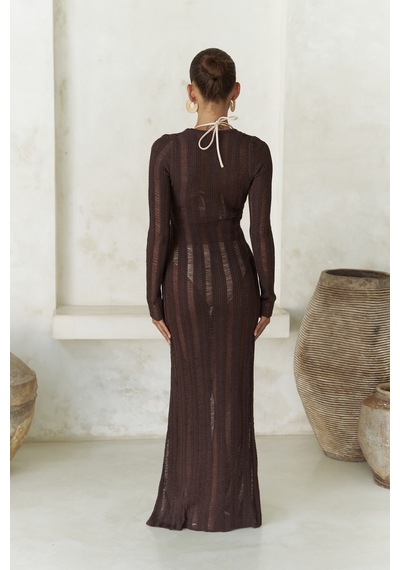 Mai Collection Mai Studios Co. Anandra Boncuk Detay Kahve Triko Uzun Elbise Kahve