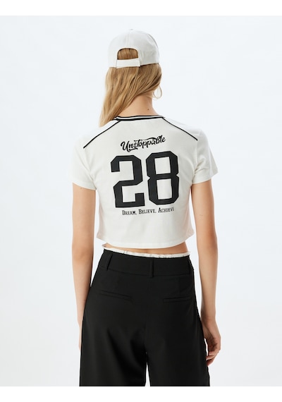 Koton Crop Tişört Slogan Baskılı Bisiklet Yaka Biyeli Slim Fit Ekru 4sal11218ık Ekru