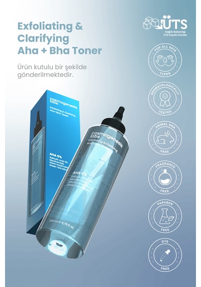 Cosmogenesis Labs AHA %5 BHA %2 Peeling Etkili Tonik 200 ml – Gözenek Sıkılaştırıcı pH Dengeleyici Vegan