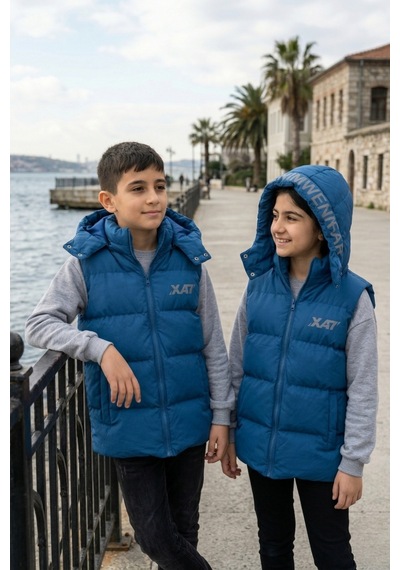 Pina Kids Unisex Çıtçıt Kapüşonlu Baskılı Şişme Yelek Mavi