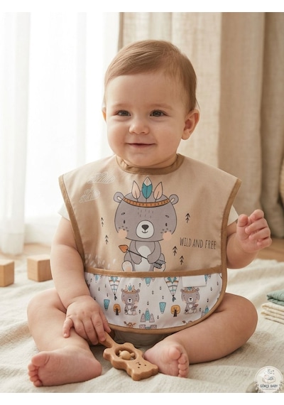Set Kısa Kollu Bağlamalı Ayarlanabilir Sıvı Geçirmez Aktivite ve Mama Önlüğü Kızılderili & Panda Çok Renkli 2'li