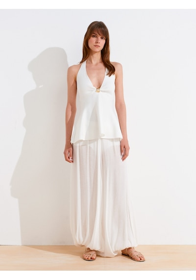 Dilvin 10787 Halter Yaka Metal Detaylı Peplum Triko Bluz-beyaz Beyaz