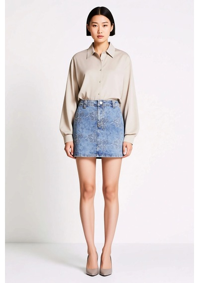 Benerly Kadın Mini Denim Etek %100 Pamuk Desenli Rigid Dokuma Yüksek Bel Mavi