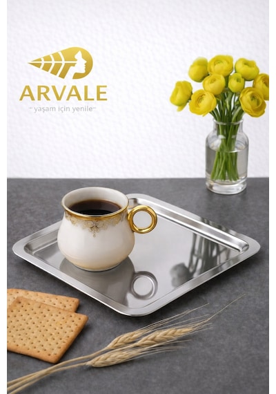1 Adet Lüx Kare Paslanmaz Çelik Gümüş Renk 21x21cm Kahve Servis Sunum Tepsisi&tabağı