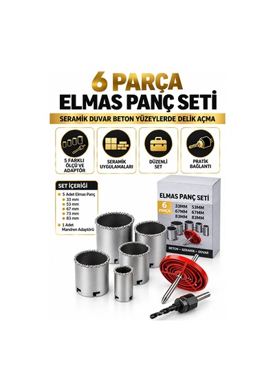 6 Parça Elmas Delik Açma Seti Fayans, Granit, Beton Uyumlu