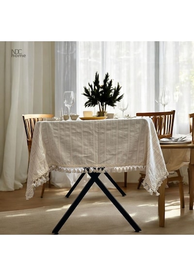 Dnc Home Tekstil  Buldan Dokuması Çizgili Krem Keten Ponponlu Masa Örtüsü 001