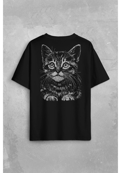 Siyah Kedi Black Cat Silüet Çizim Sırt Ön Baskılı Oversize Tişört Unisex T-shirt 001