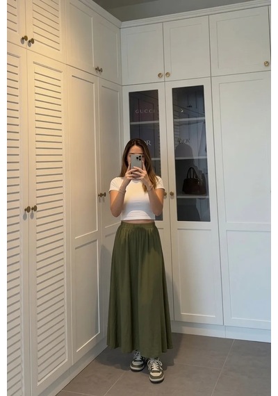 Kadın Haki Poplin Kumaş Uzun Etek Beli Lastikli Günlük Maxi Etek 90 Cm