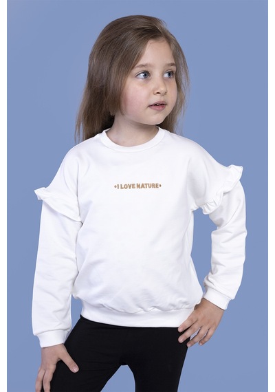 Toontoy Kız Çocuk Kolları Fırfır Detaylı Nakışlı Sweatshirt Ekru