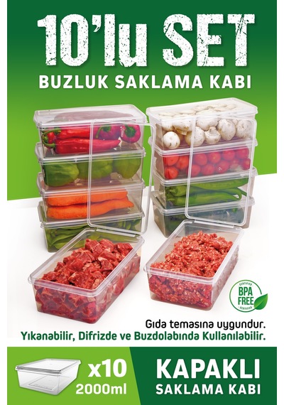 10 Adet Sızdırmaz Kapaklı Derin Dondurucuya Mikrodalgaya Uygun Saklama Kabı 2 Litre Plastik 50 X 70 Diğer