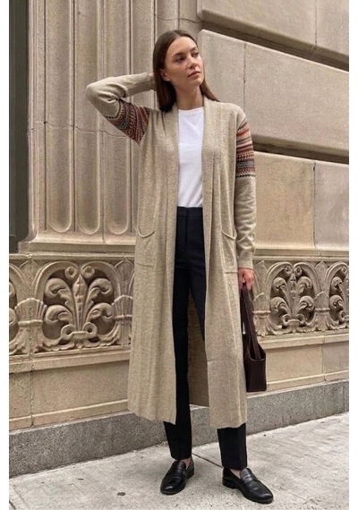 Onno Style Women Kilim Desen Uzun Triko Kadın Hırka Krem