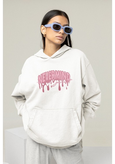 Nevermind Unisex Oversize Hoodie Sweatshirt Pembe Baskılı Kapüşonlu Beyaz
