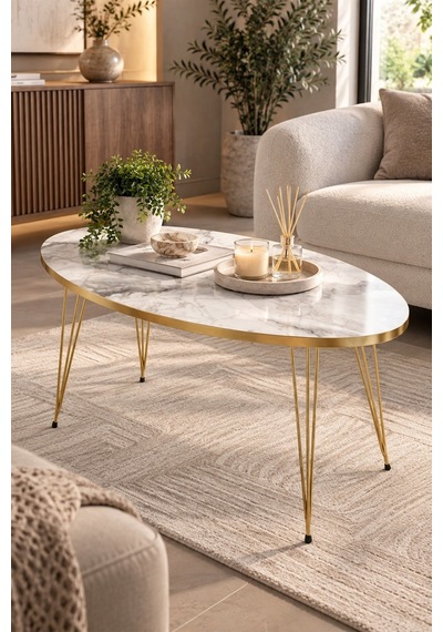 Sulorahome Elips Gold Orta Sehpa Altın - Mermer