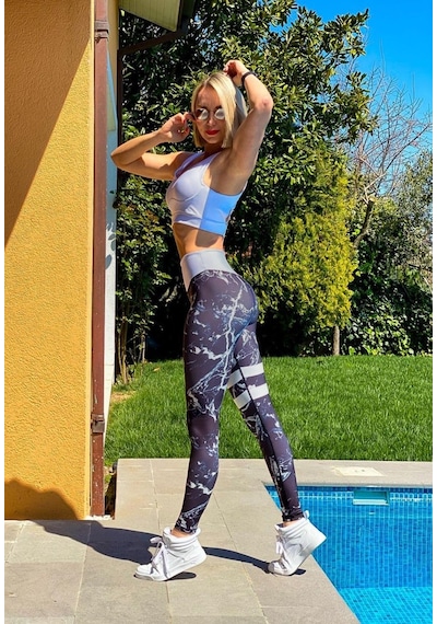 Lismina Mermer Desen Bacağı Şeritli Spor Tayt Siyah - Beyaz