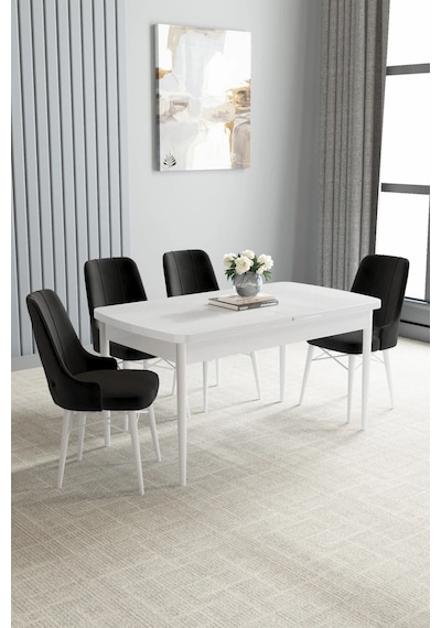 Zümra Serisi, Beyaz 80x132 Açılabilir Mdf Mutfak Masası Takımı 4 Adet Sandalye, Siyah Zümra Serisi, Beyaz 80x132 Açılabilir Mdf Mutfak Masası Takımı 4 Adet Sandalye, Siyah