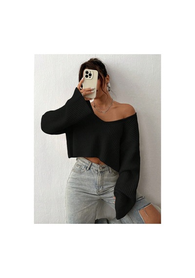 Nimas Kadın Oversize V Yaka Triko Crop Kazak Siyah - 660238521 Siyah