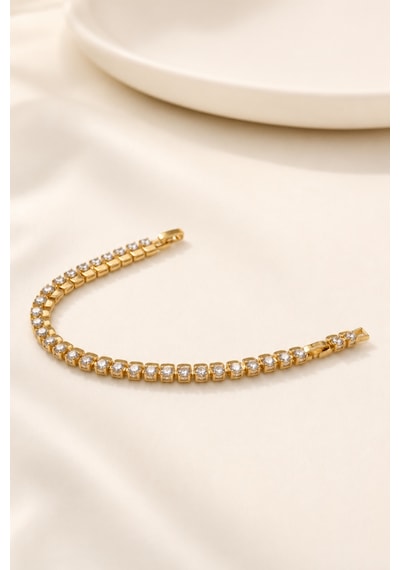 Balenbi Jewelry Kadın Yuvarlak Taşlı Tenis Model Kararmaz Çelik Bileklik 14k Gold Renk 1138 Altın