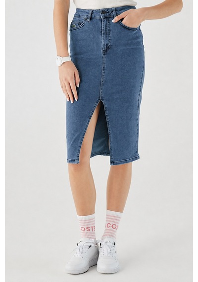 Lacoste Slim Fit Womens Skirt Dar Kesim Yırtmaçlı Kadın Kot Etek Lacivert