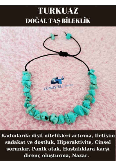 Gümüştel El Sanatları Sertifikalı Doğal Kırık Taş Turkuaz Taşı Bileklik Asansörlü Kilit Sistemi Çok Renkli