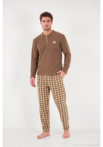 Buratti Kareli Düğmeli Hakim Yaka Yumuşak Dokulu Polar Pijama Takımı Erkek Pijama Takımı 6097023 Camel