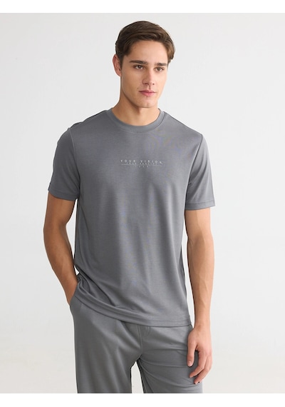 LC Waikiki Lcwaıkıkı Classic Gri Bisiklet Yaka Baskılı Erkek Penye Tişört Dark Grey