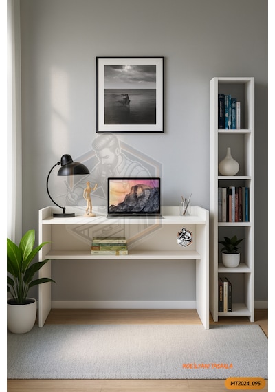 Tamamı Mdf Boy Kitaplıklı 6 Raflı Modern Çalışma Odası Seti
