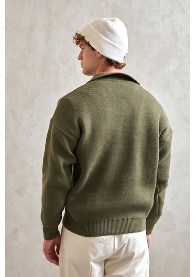 Erkek Polo Yaka Örme Oversize Kazak Yeşil