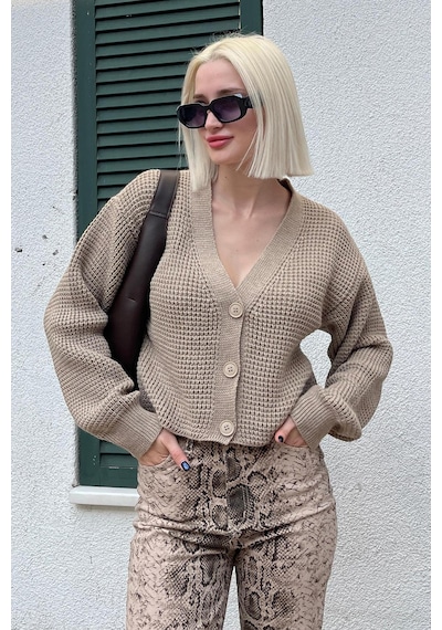 Madmext Vizon Uzun Kollu Düğmeli Crop Hırka Mg2198 VIZON