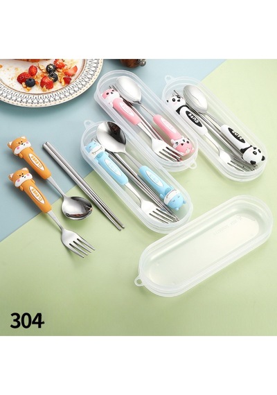 Siyah-beyaz Renk Tavşan Figürlü Premium Çocuk Bpa Free Paslanmaz Çelik Uçlu Çatal-kaşık Set 24+ Ay