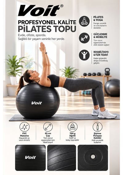 65 cm Pilates Topu Pompa Dahil Fitness ve Denge Egzersiz Topu Siyah