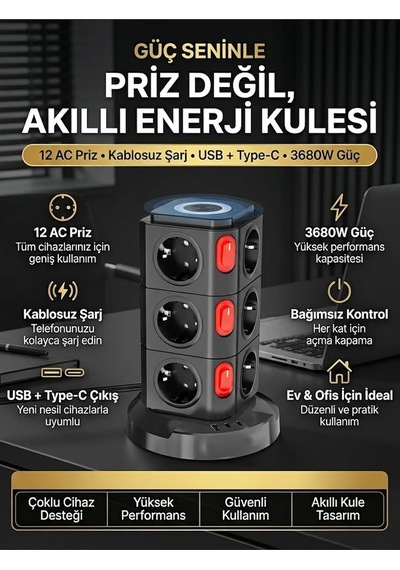 12'li Kule Tipi Çoklu Priz 3680w Kablosuz Şarjlı 1xusb-a 2xtype- C Akıllı Güç İstasyonu Standart