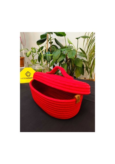 Hasır Jüt Sepet Oval Kapaklı Organizer Düzenleyici 30x20x10 Cm Koyu Kırmızı Koyu Kırmızı