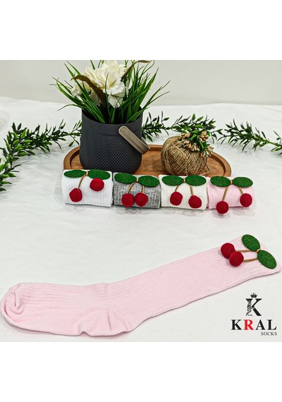 Kral Socks Kız Çoçuk Çorap Kiraz Desenli Renkli Pamuklu Okul Çorabı