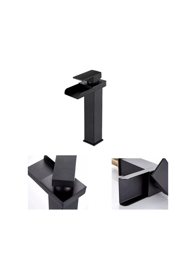 Rena Design Siyah Çanak Lavabo Bataryası Havza Model Uzun/yüksek Lavabo Musluğu Çift Girişli Armatür Inox