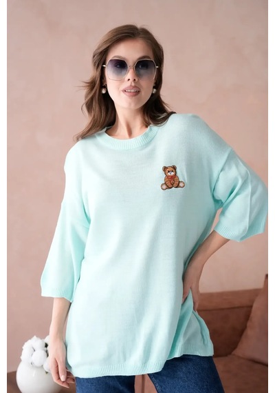 Park Karon 10729 Kadın Bisiklet Yaka Nakış Detay Oversize Trko Kazak Mint