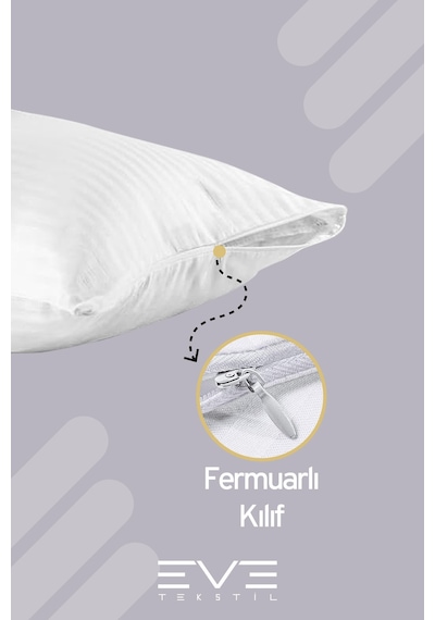 Eve Tekstil  4 Adet Çizgili Pamuk Saten Antibakteriyel Fermuarlı Yıkanabilir Otel Lüks Yastık Kılıfı 50x70cm Beyaz