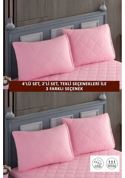 2 Adet %100 Pamuk Kapitone Fermuarlı Sıvı Geçirmez Renkli Yastık Alezi Yastık Koruyucu Pembe