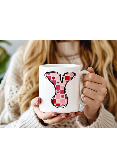 Y Harfi Pembe Kareli Kalpli Göz Emojili Kupa Bardak Eğlenceli Kareli Tasarım Kahve Çay Kupası 07 Beyaz