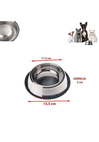 Hayvanlar İçin Çelik Kaydırmaz Küçük Boy Su Mama Vb Kabı Kedi Köpek Su Mama Kabı Alt Taban 15,5 Cm