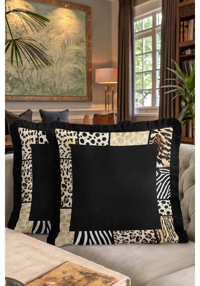 Safari Patchwork Saçaklı Yastık Kılıfı-lüks Afrika Bohem Siyah Altın Renkli Püsküllü Kırlent Kılıfı Tozlu Zeytin